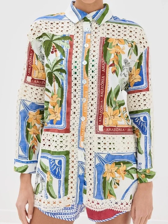 Farm Rio Tropical Destination Crochet Shirt Off White Medium NWT $248 - Picture 14 of 16